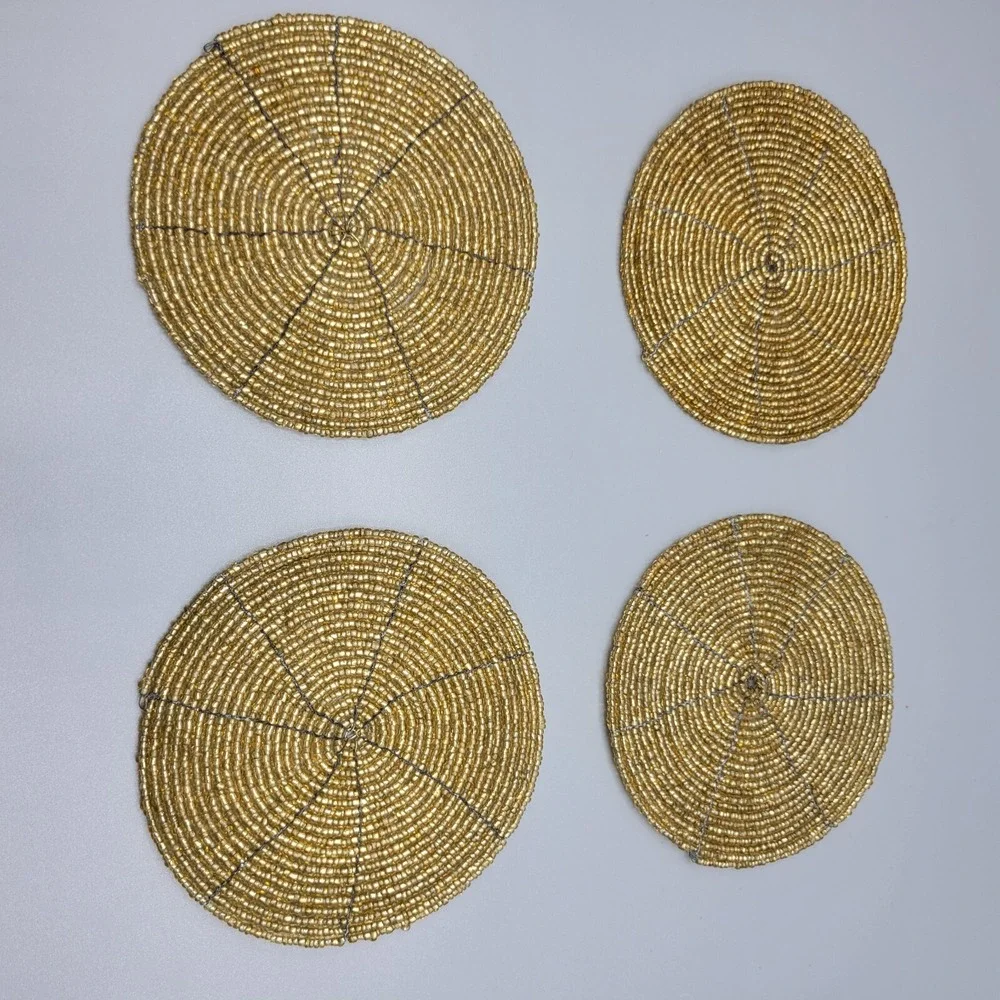 4 Piece Decorative Coaster Set Boho Glass Beads Art Gold Tone Table Decor 4